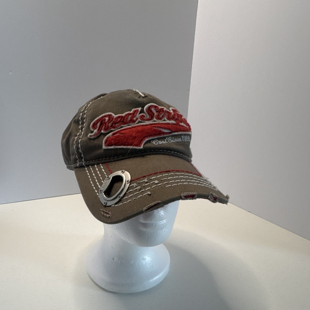 Red Stripe Baseball Cap Brown/Red Adjustable One Size  Men's bottle opener brim